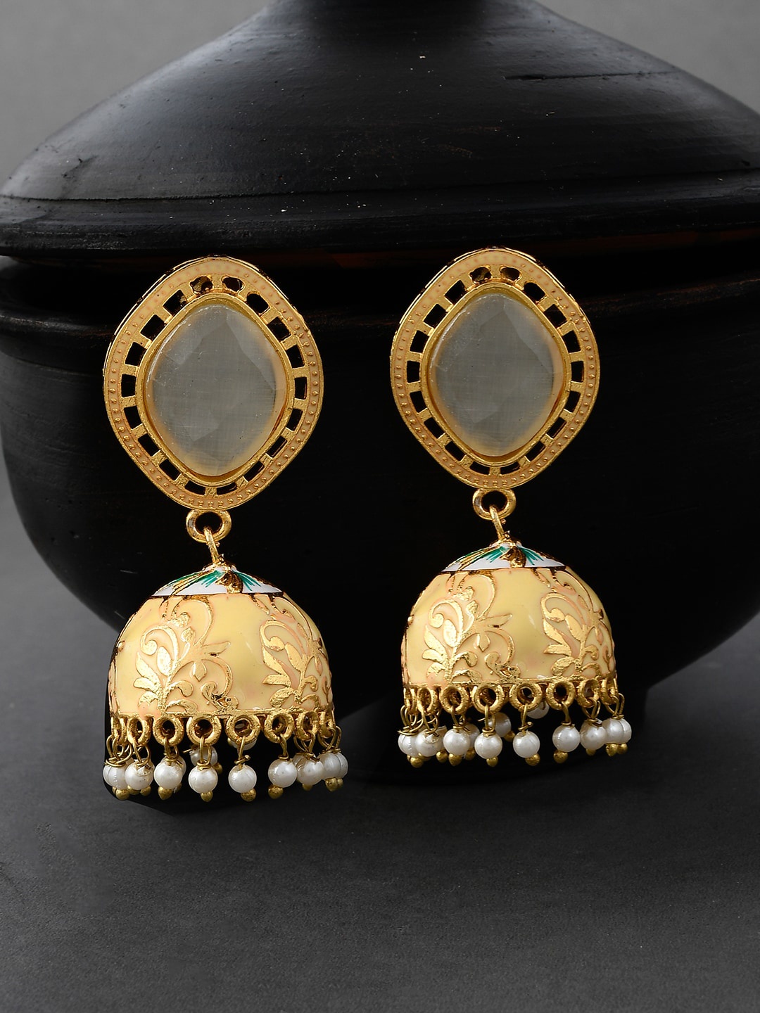 

Silvermerc Designs Gold-Plated & Grey Dome Shaped Jhumkas Earrings