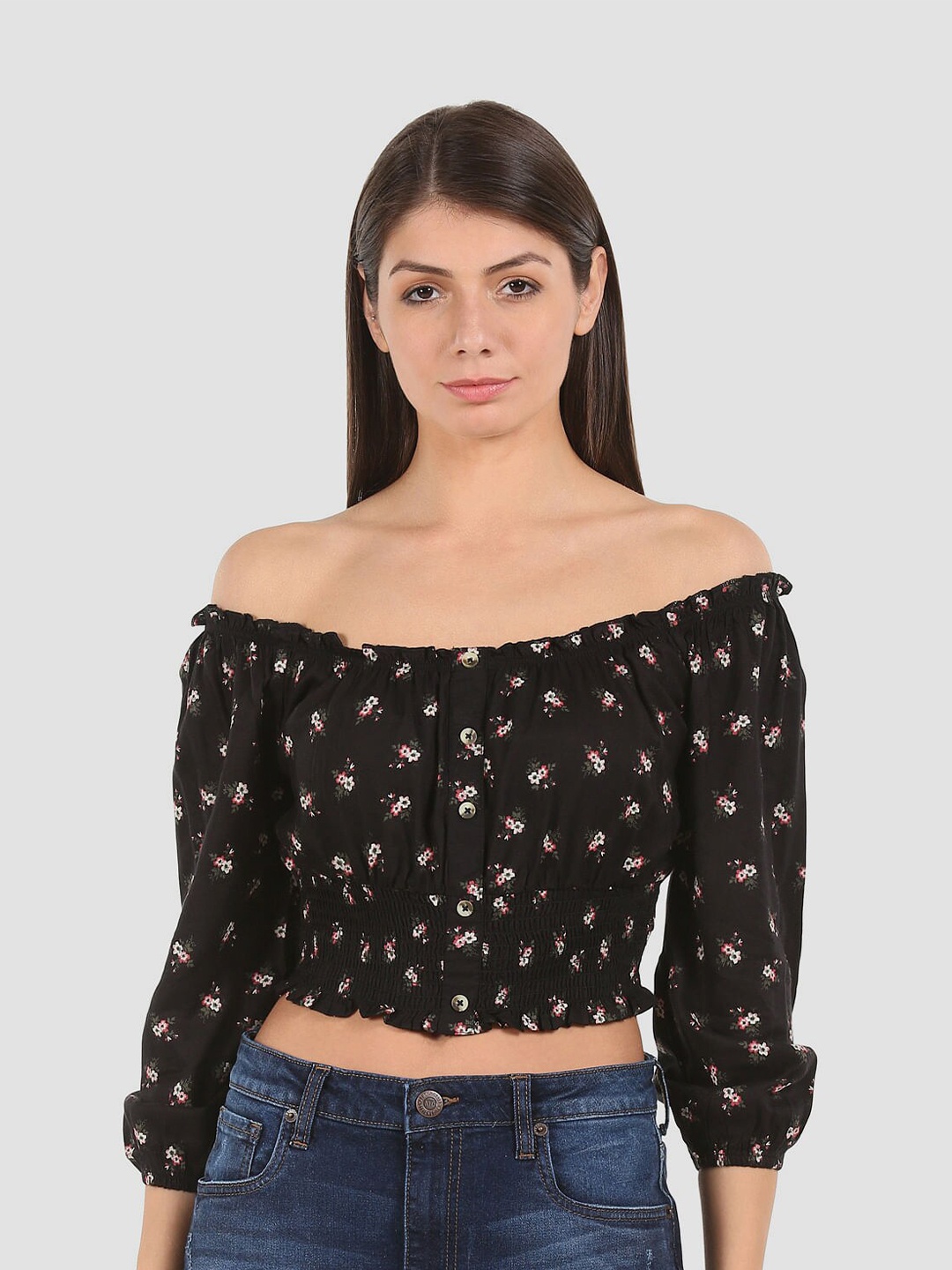 

Aeropostale Black Floral Print Off-Shoulder Bardot Crop Top