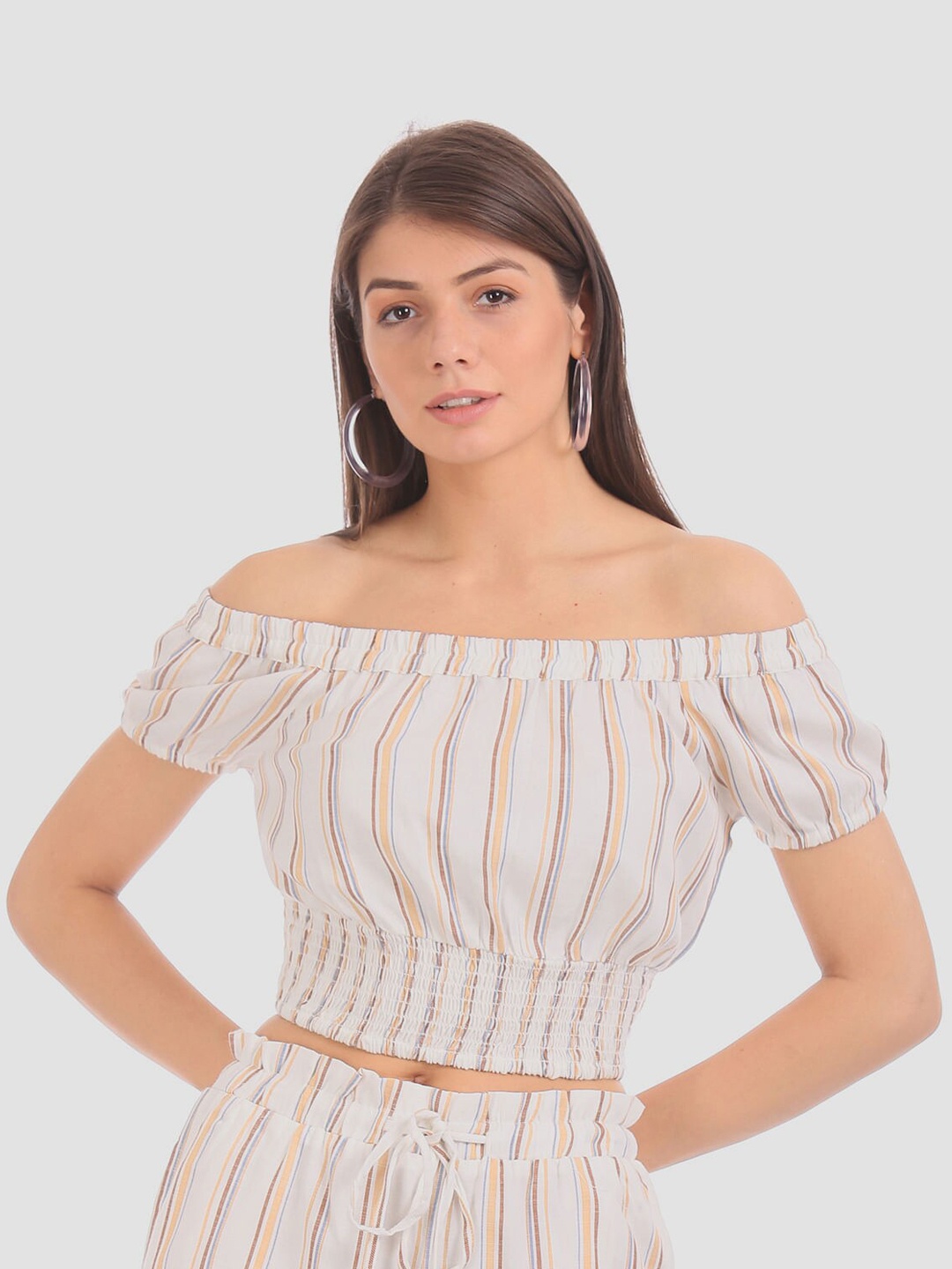 

Aeropostale White Striped Off-Shoulder Bardot Crop Top
