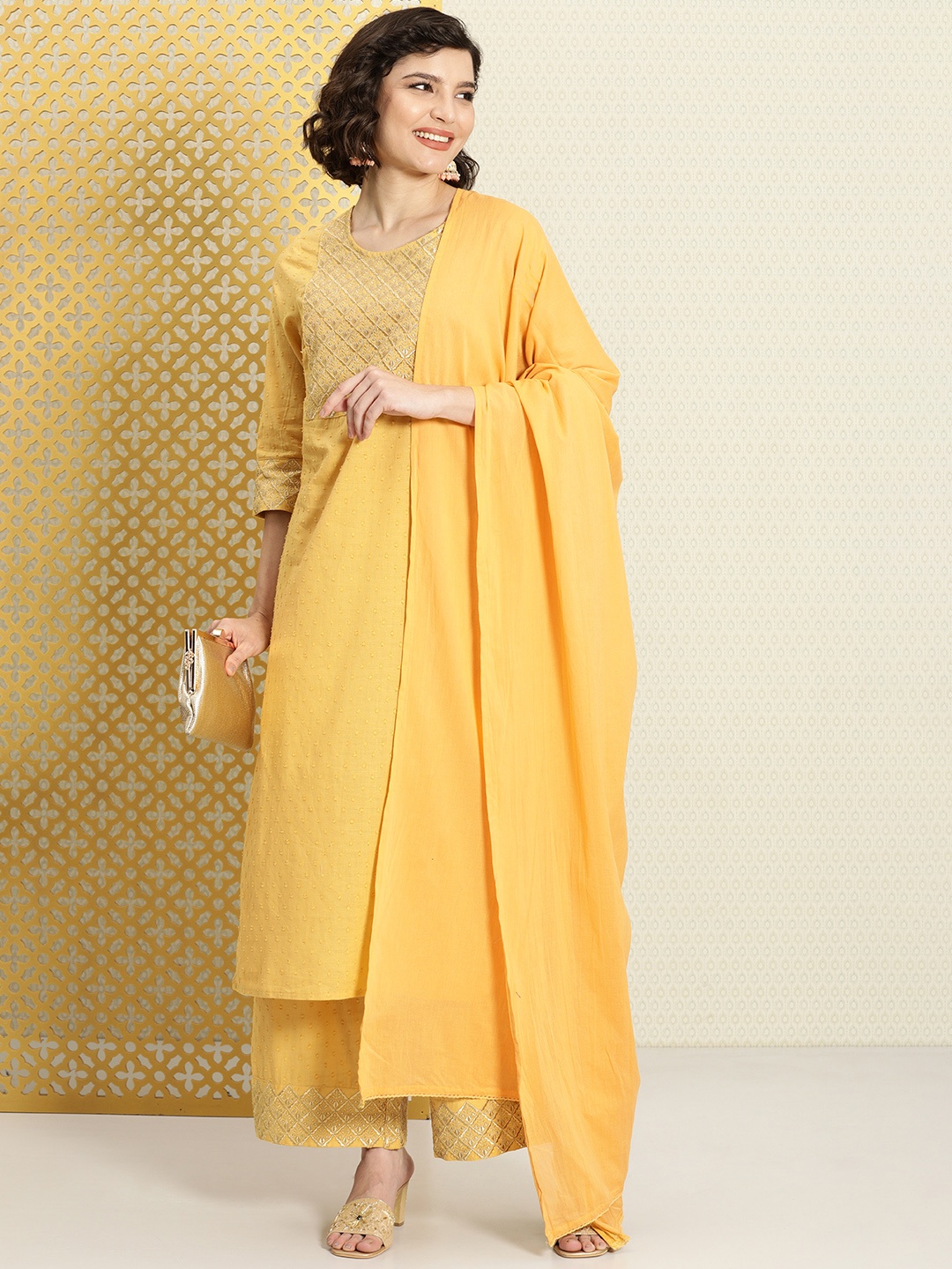 

House of Pataudi Women Mustard Yellow Embroidered Jashn Kurta with Palazzos & Dupatta