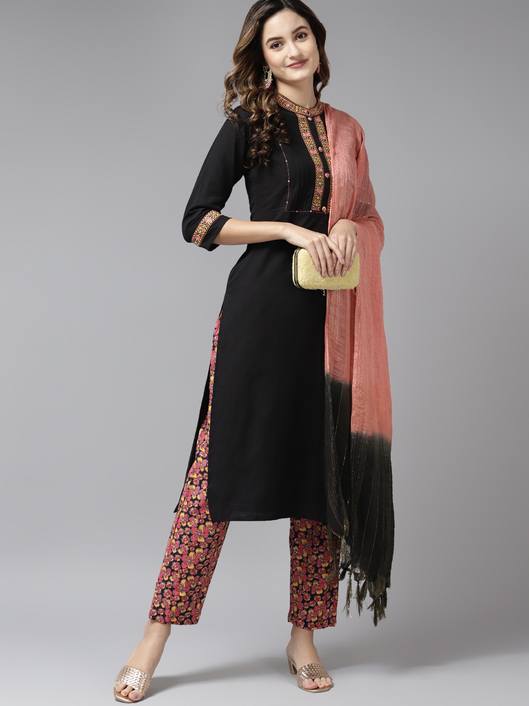 

Yufta Women Black Kantha Work Pure Cotton Kurta with Trousers & With Dupatta