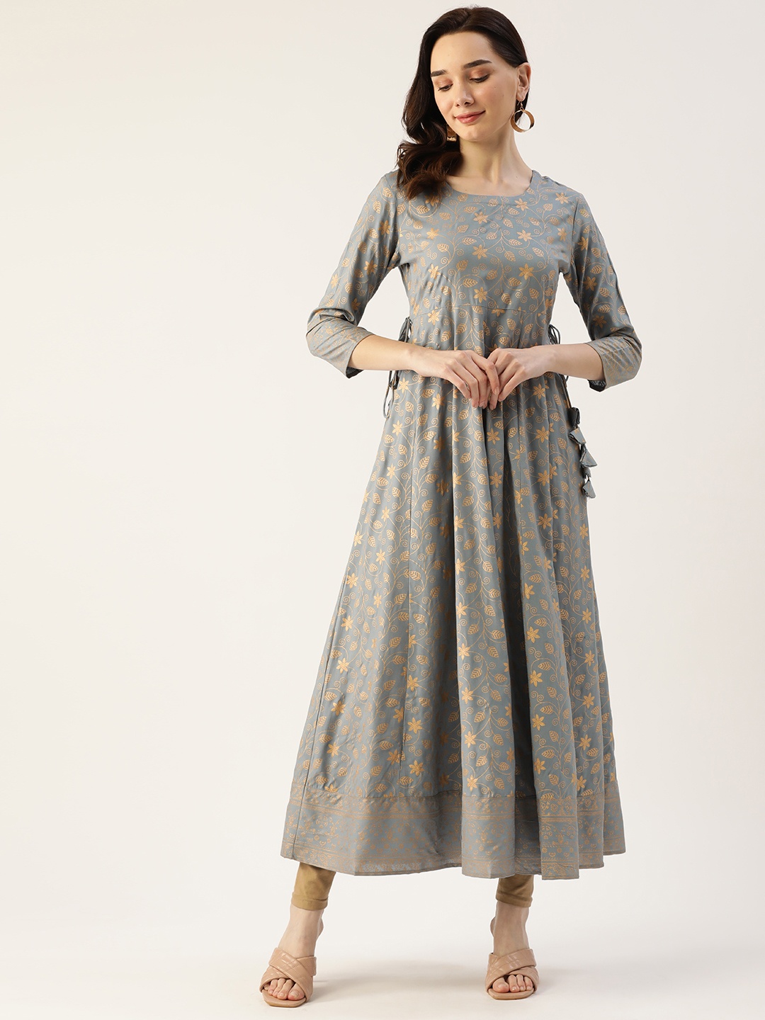 

KBZ Women Grey & Bronze-Toned Ethnic Motifs Printed Anarkali Kurta