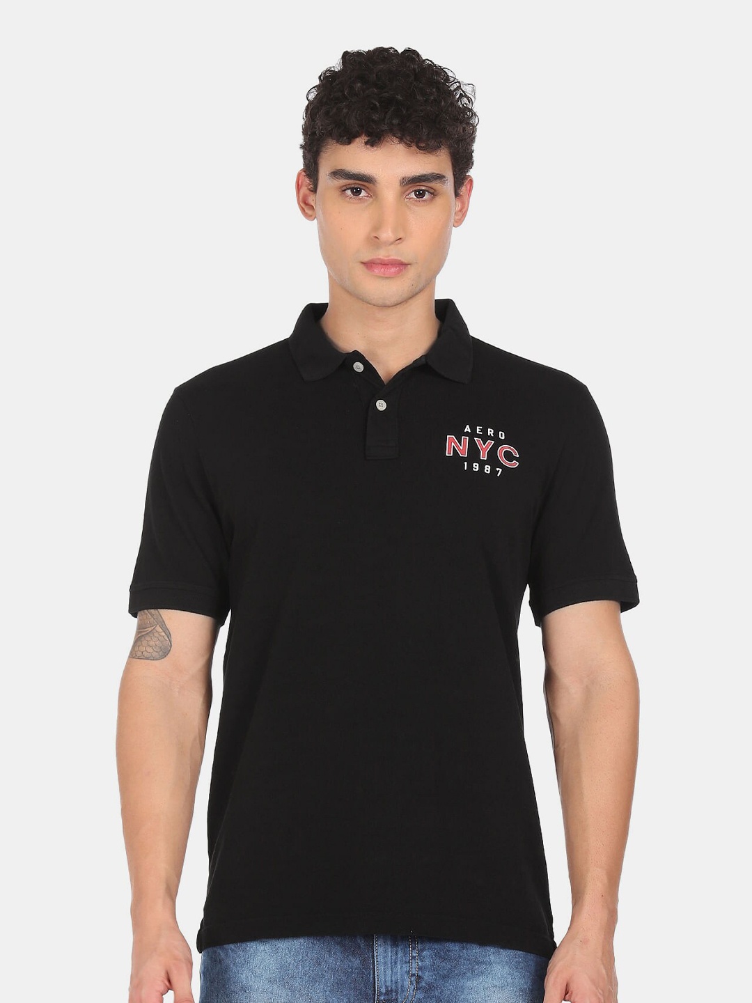 

Aeropostale Men Black Polo Collar Cotton T-shirt
