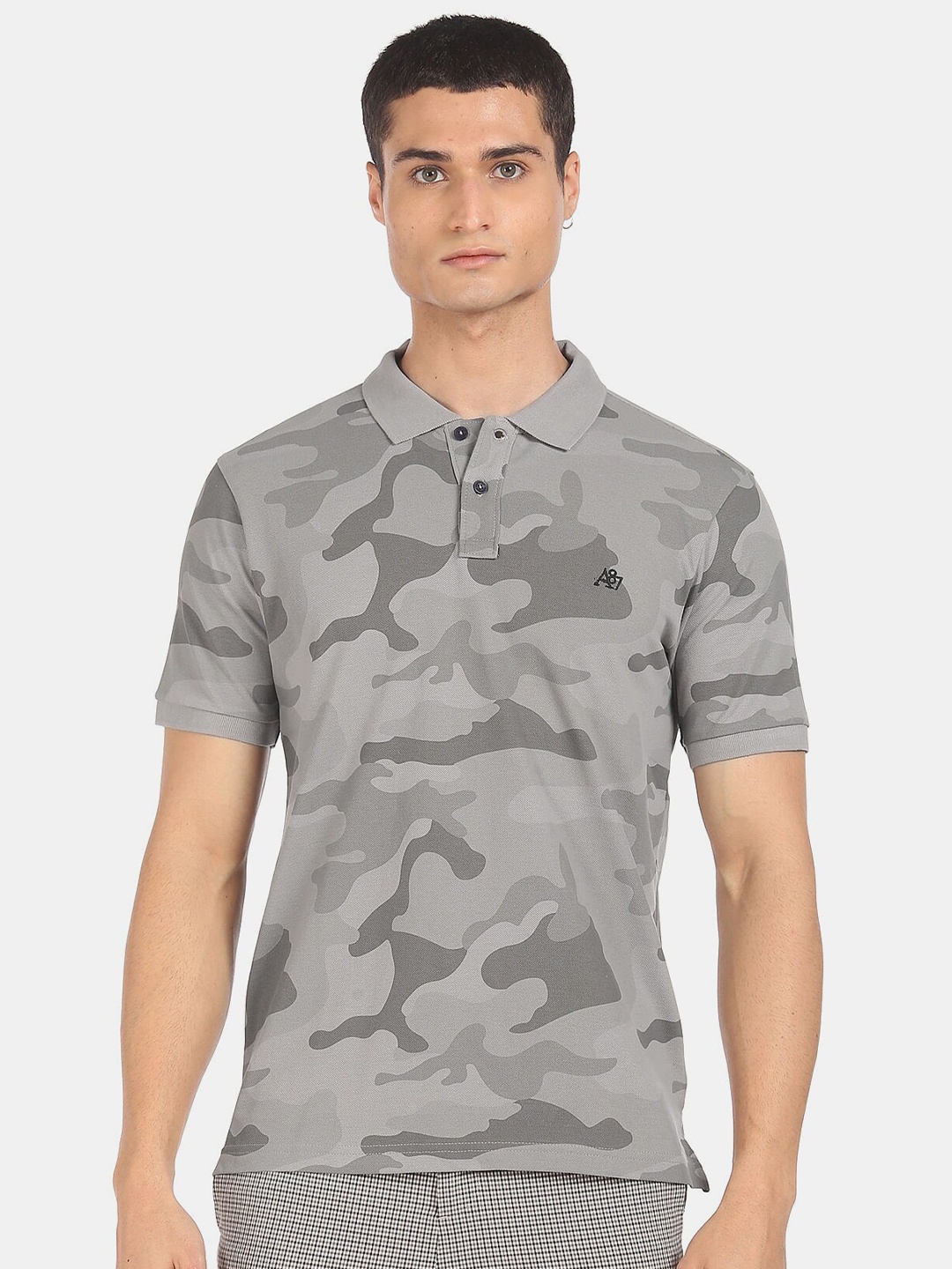 

Aeropostale Men Grey Camouflage Printed Polo Collar Pure Cotton T-shirt