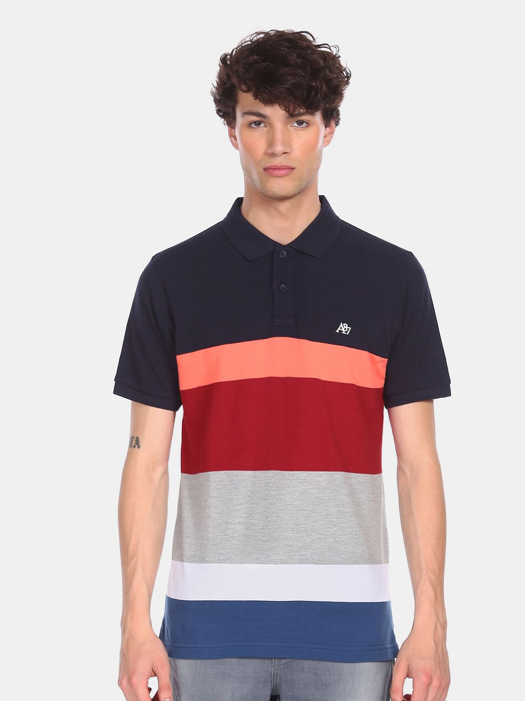

Aeropostale Men Navy Blue & Peach-Coloured Colourblocked Polo Collar Cotton T-shirt