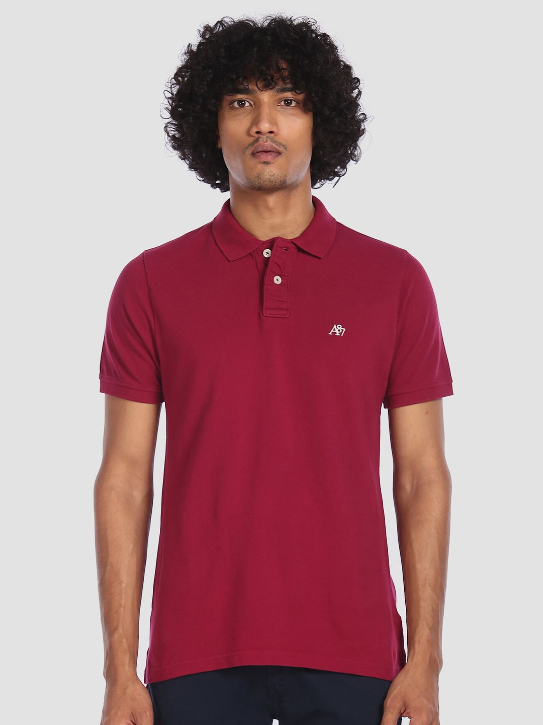 

Aeropostale Men Red Solid Polo Collar Cotton T-shirt