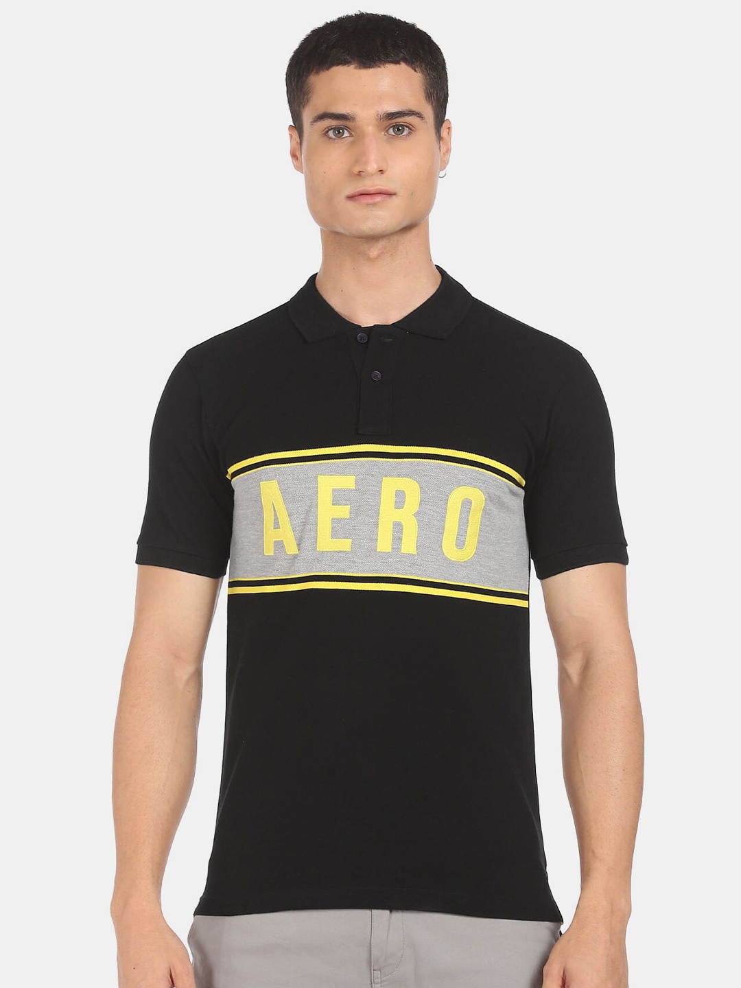 

Aeropostale Men Black & Grey Typography Printed Polo Collar T-shirt