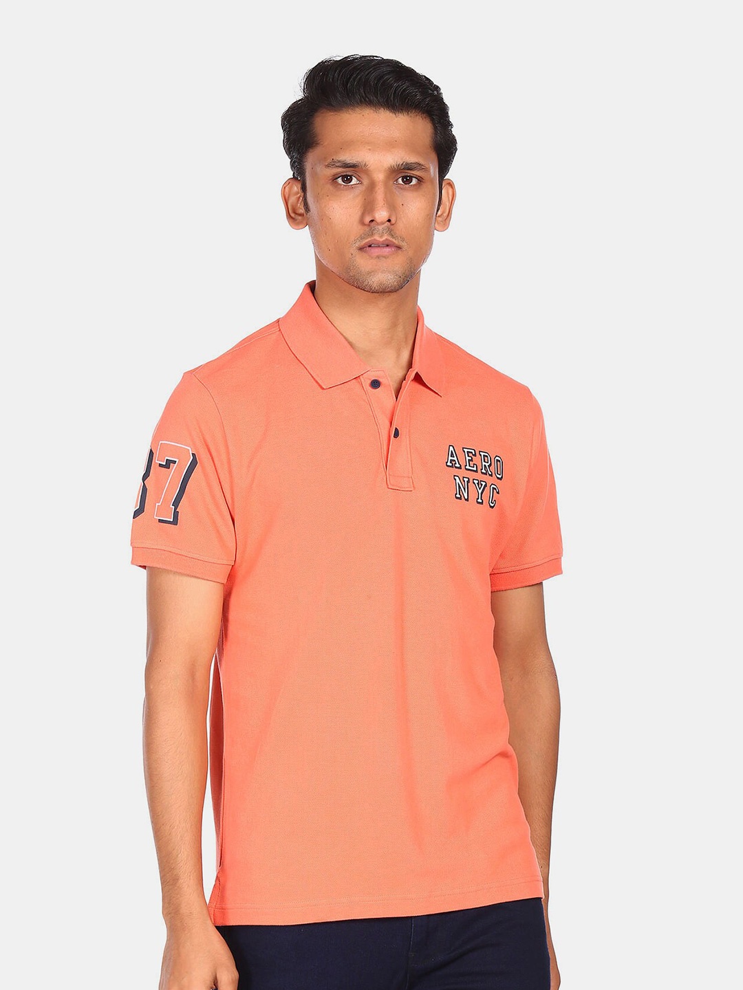 

Aeropostale Men Orange Printed Polo Collar Cotton T-shirt