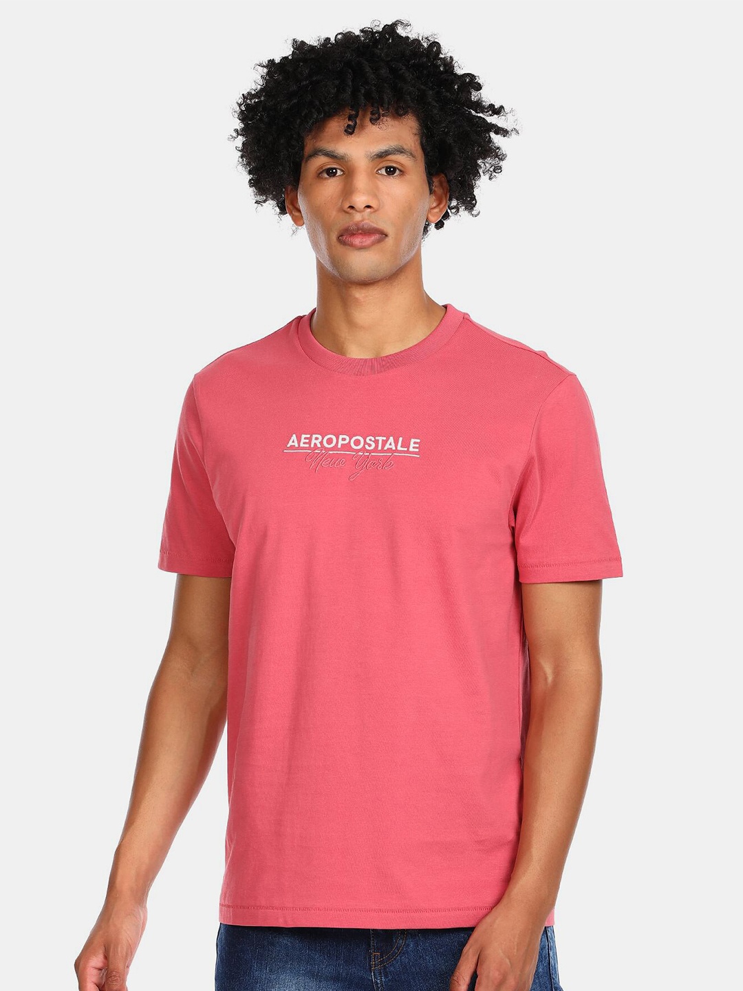

Aeropostale Men Coral Pink Typography Printed Pure Cotton T-shirt