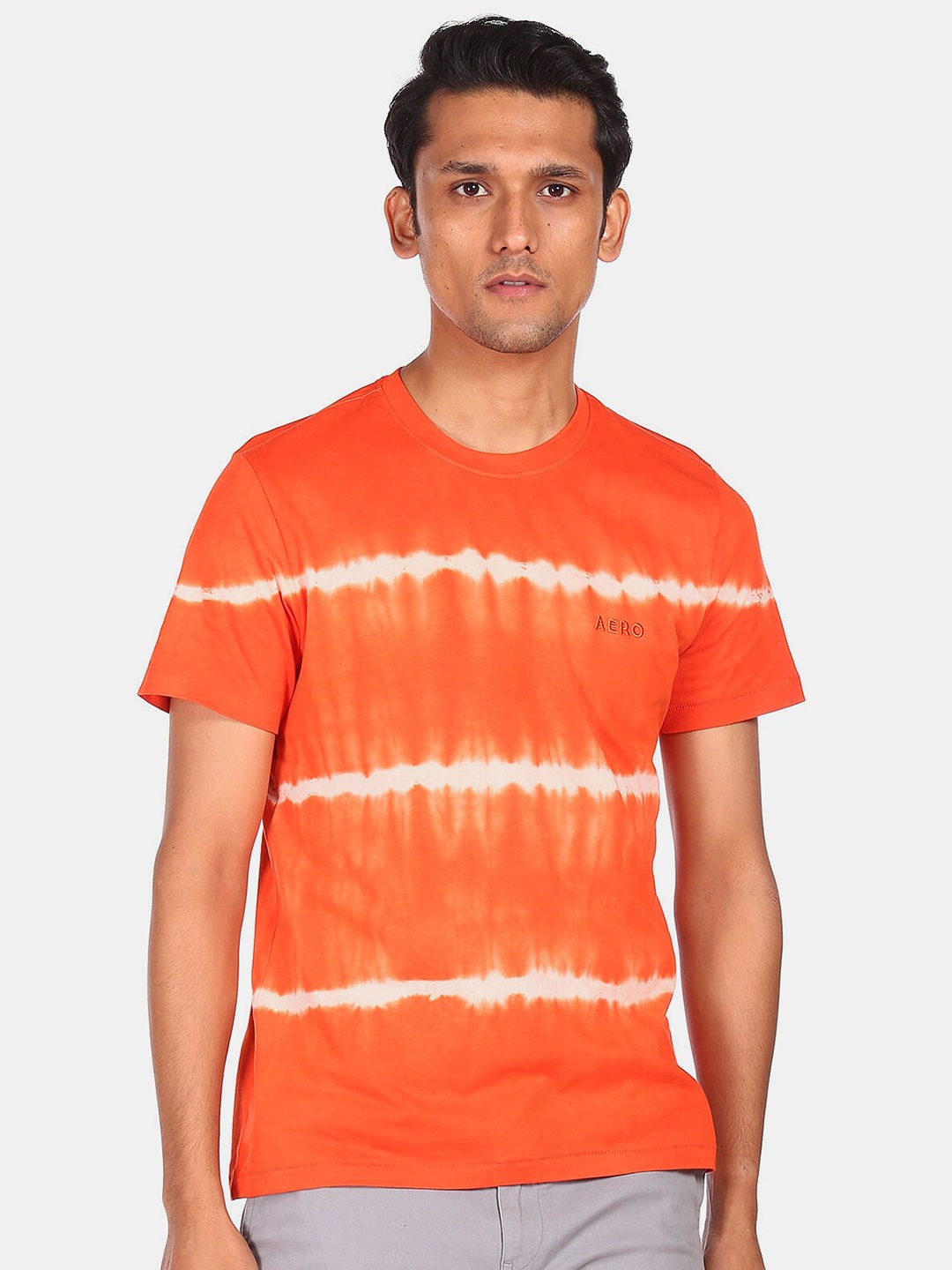 

Aeropostale Men Orange & White Tie and Dye Printed Pure Cotton T-shirt