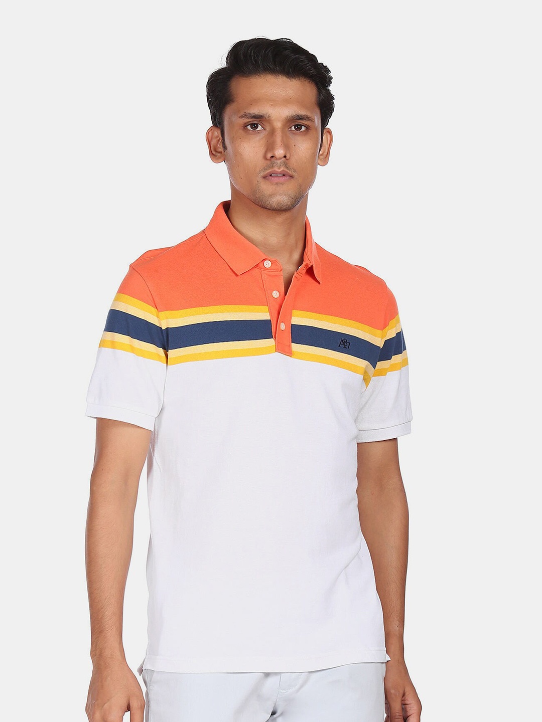 

Aeropostale Men White & Orange Striped Polo Collar Cotton T-shirt