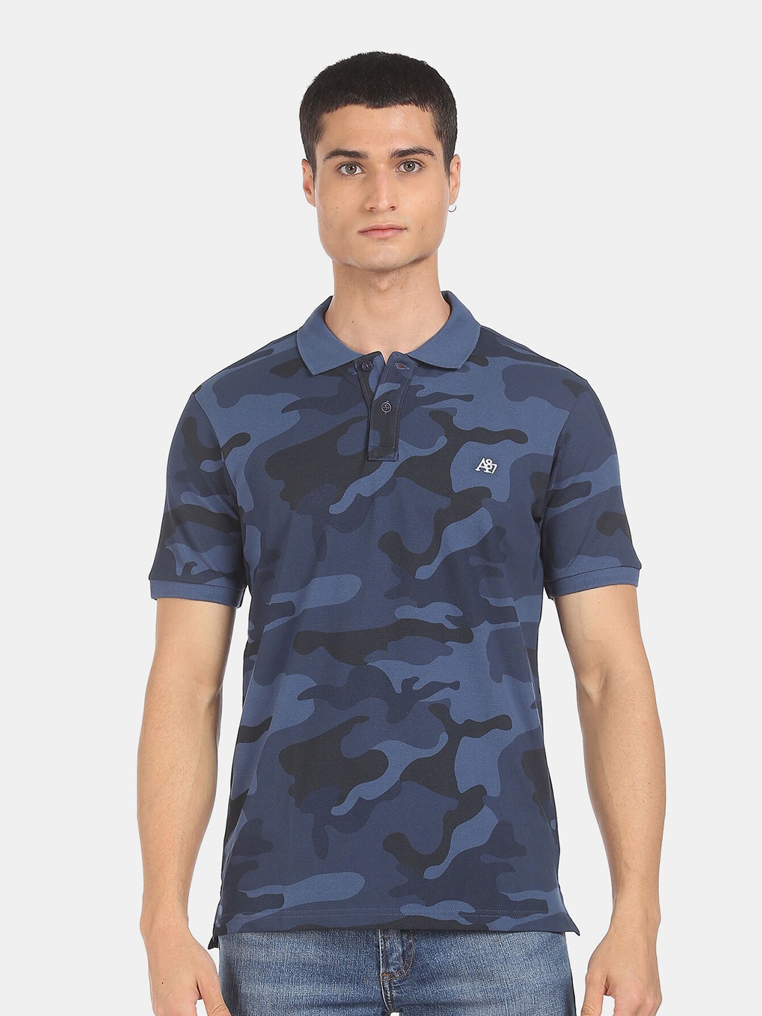 

Aeropostale Men Blue & Black Camouflage Printed Polo Collar Cotton T-shirt