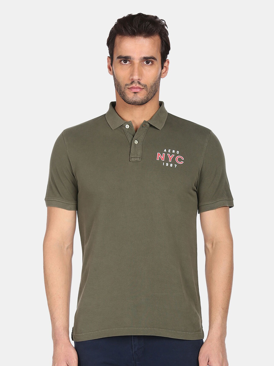 

Aeropostale Men Green Polo Collar Cotton T-shirt