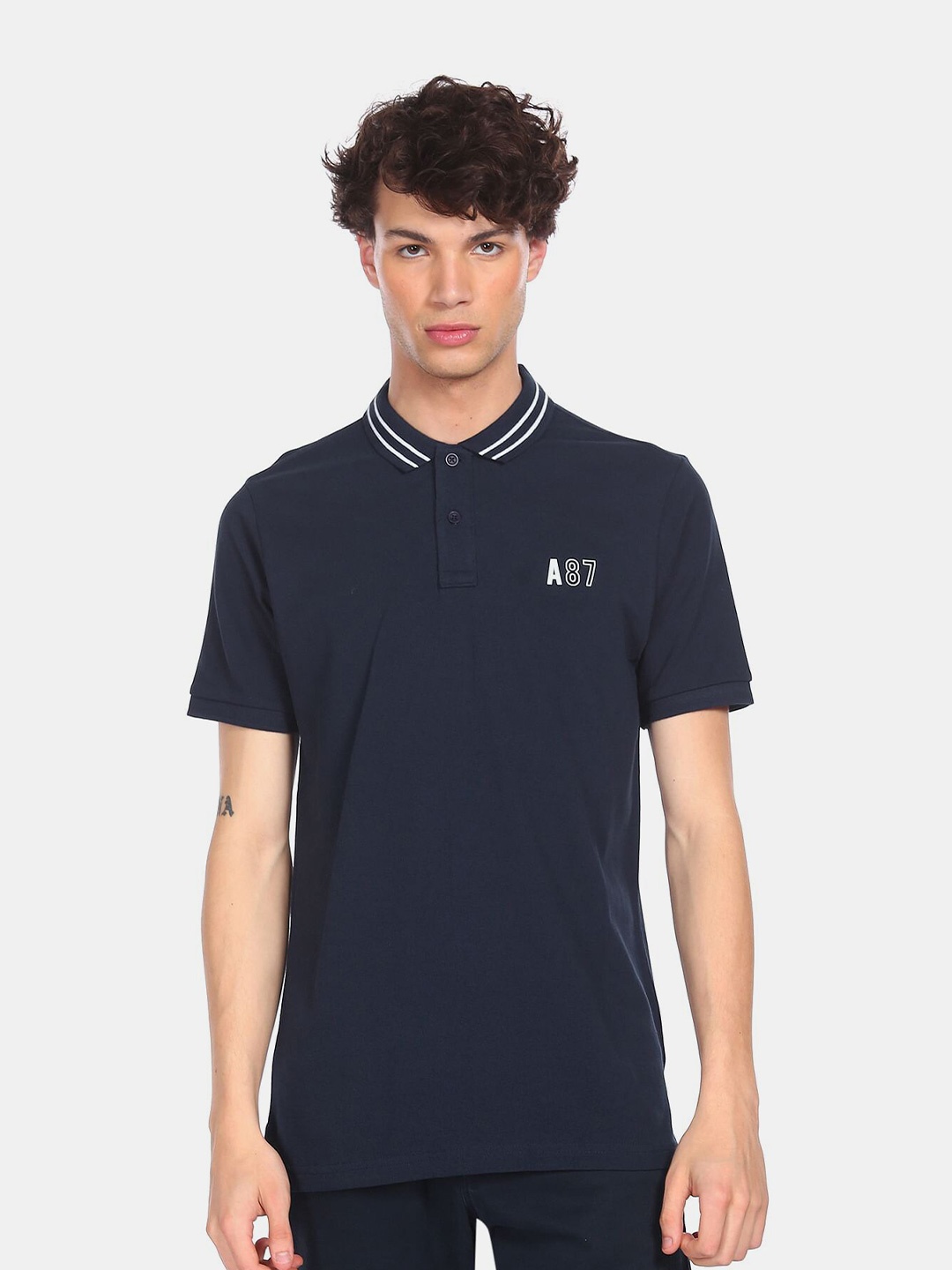 

Aeropostale Men Blue Polo Collar Cotton T-shirt