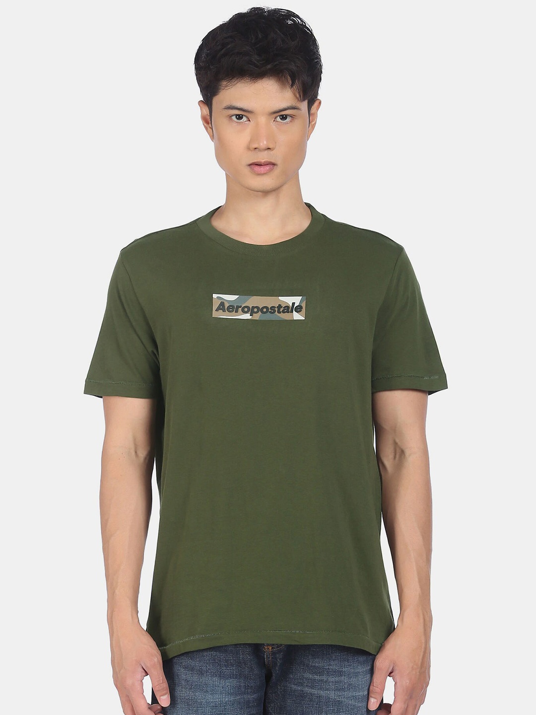

Aeropostale Men Green Cotton T-shirt