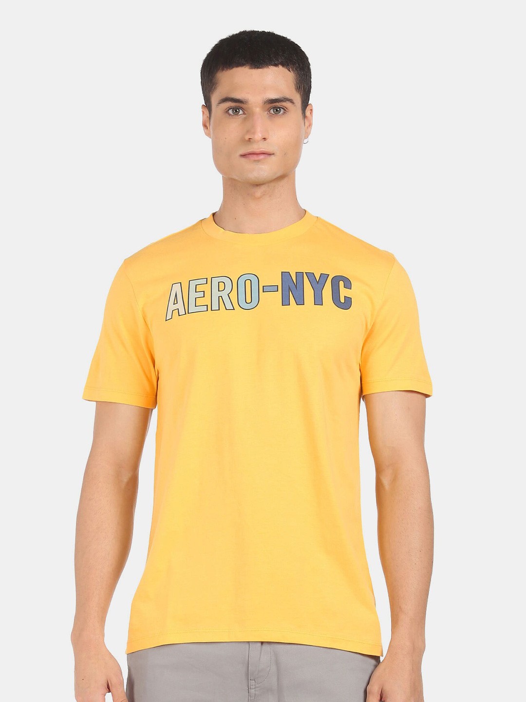 

Aeropostale Men Yellow Typography 100% Cotton T-shirt