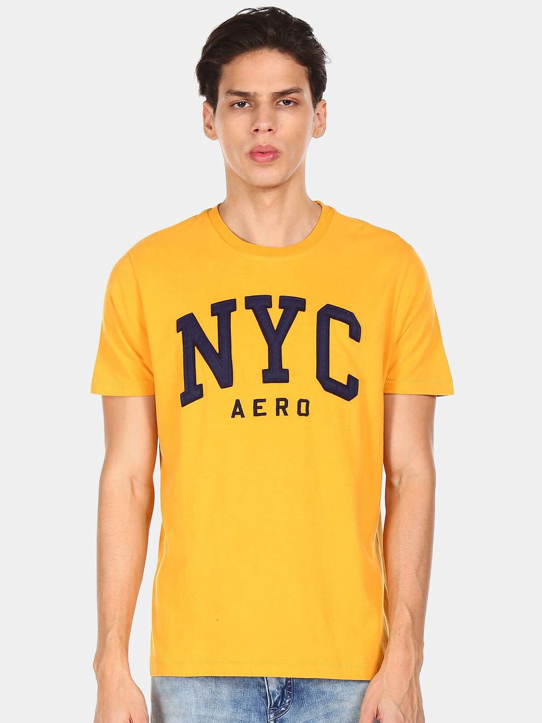 

Aeropostale Men Yellow Typography Printed Pure Cotton T-shirt