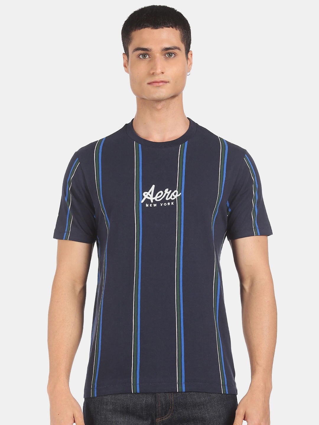 

Aeropostale Men Navy Blue Striped Cotton T-shirt