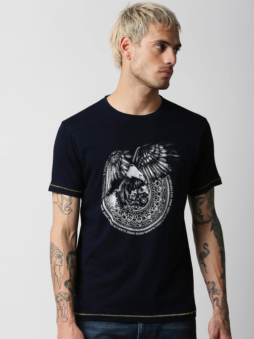 

Pepe Jeans Men Blue Printed Slim Fit Cotton T-shirt