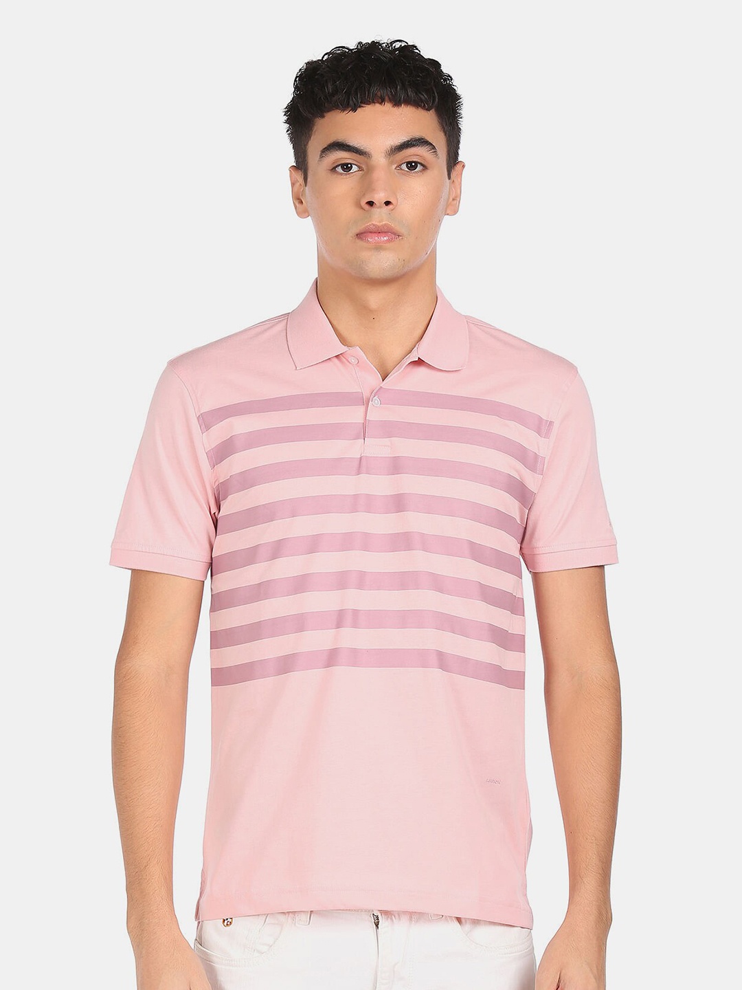 

Arrow New York Men Pink Striped Polo Collar Pure Cotton T-shirt