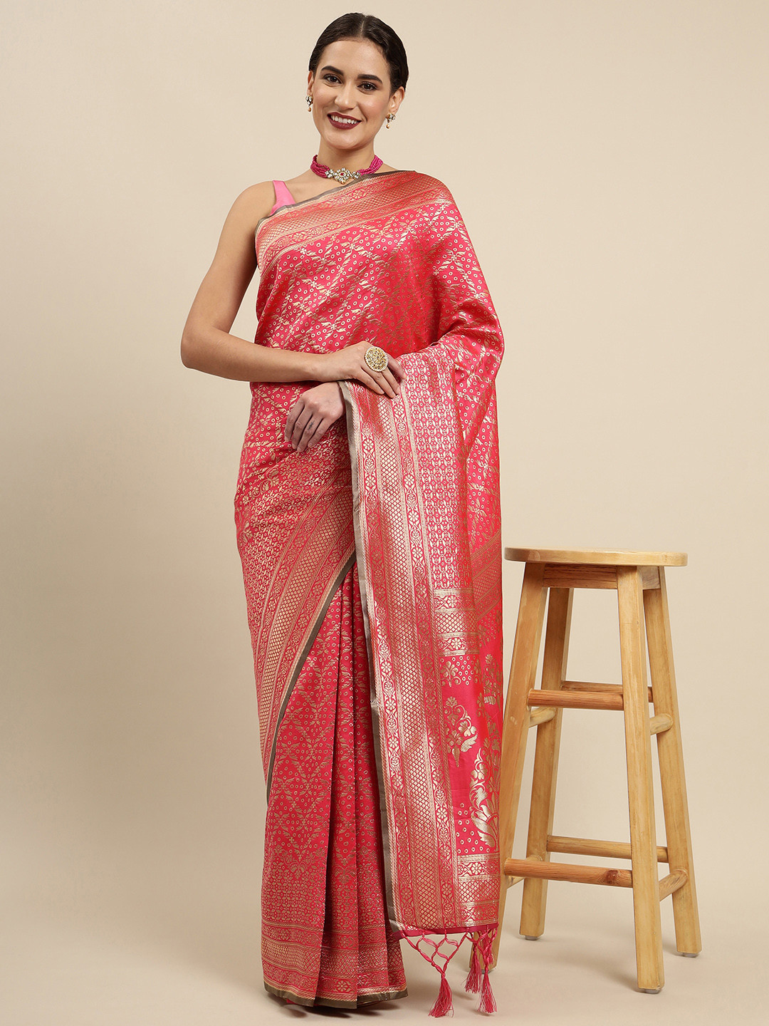 

Mitera Pink & Golden Woven Design Banarasi Saree