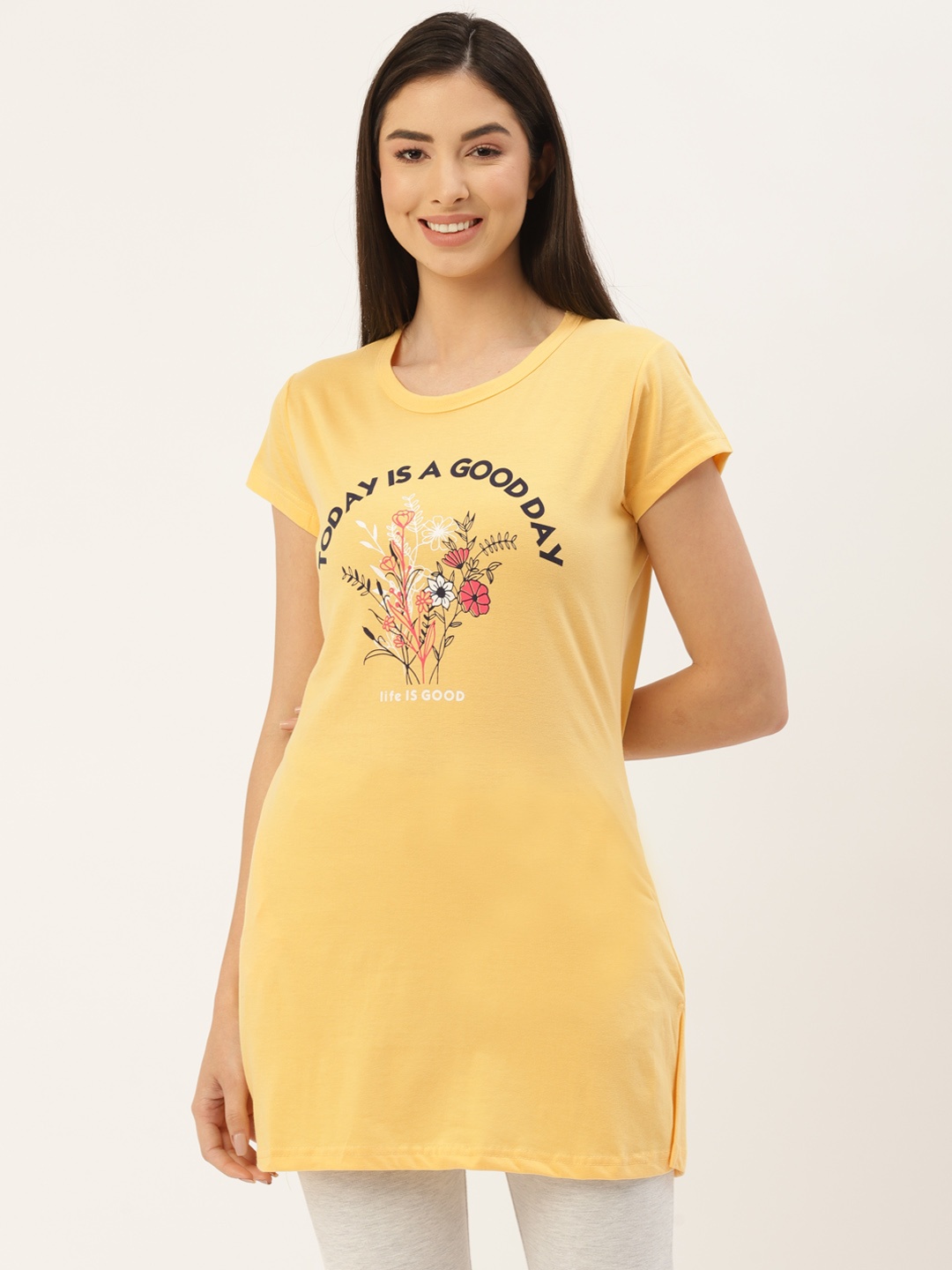 

BROOWL Women Yellow and Black Graphic Print Pure Cotton Lounge T-shirt