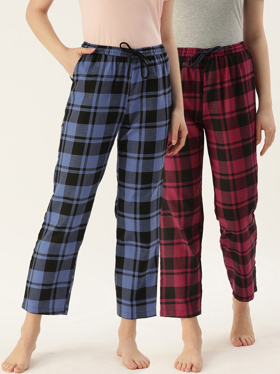 

Kryptic Women Pack Of 2 Checked Pure Cotton Lounge Pants, Blue