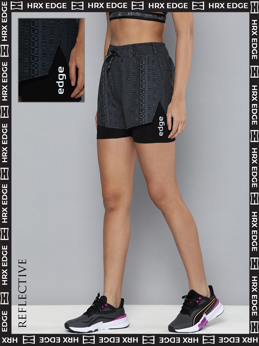 

HRX By Hrithik Roshan EDGE Women Jet Black Rapid-Dry AOP Shorts