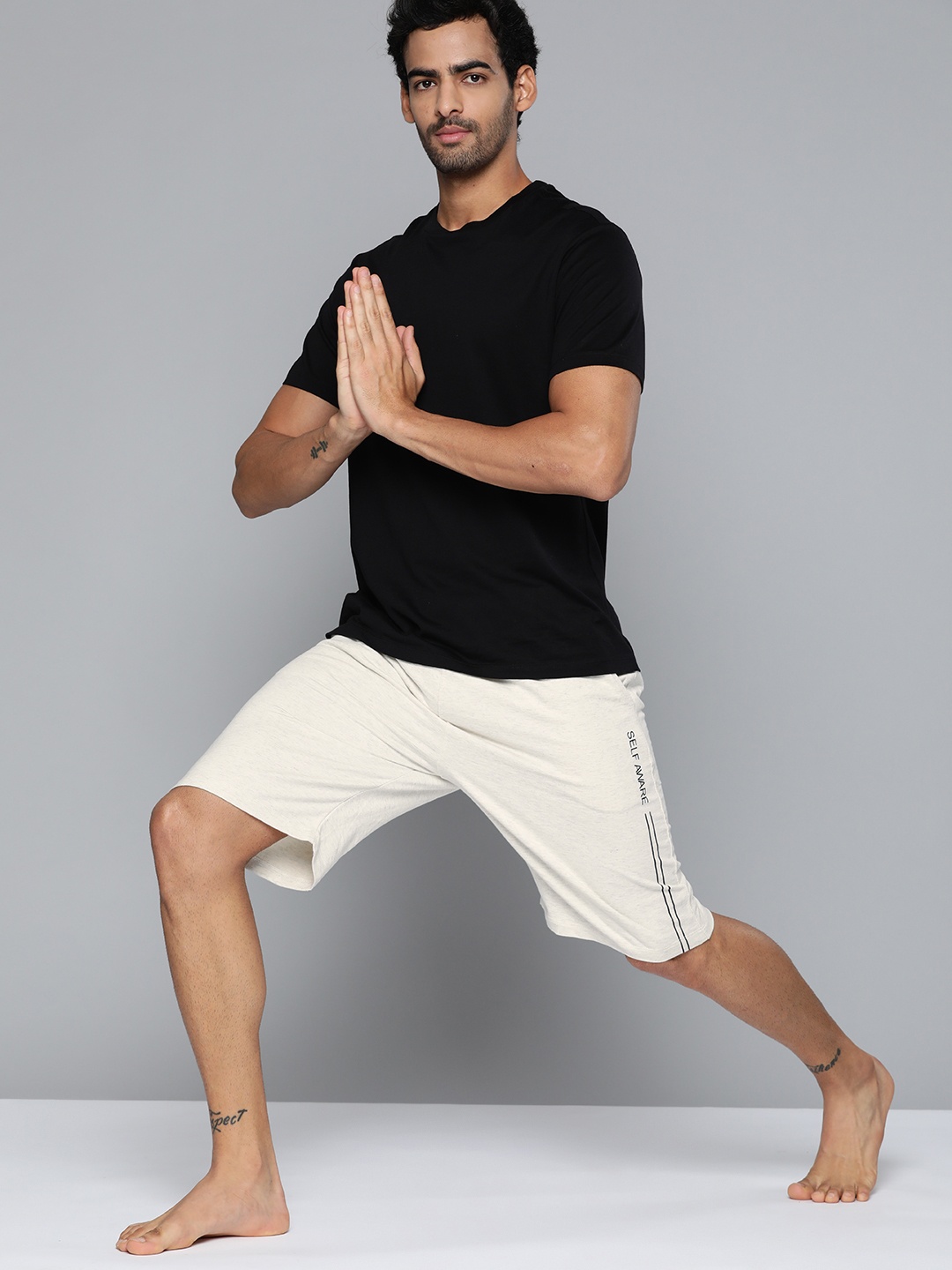 

HRX By Hrithik Roshan Yoga Men Oatmeal Mel Organic Cotton Shorts, White