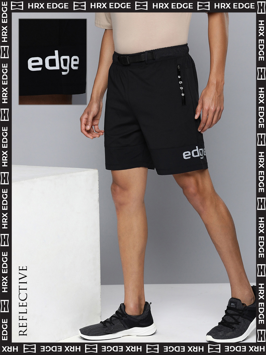 

HRX By Hrithik Roshan EDGE Men Jet Black Bio-Wash Brand Logo Printed Shorts