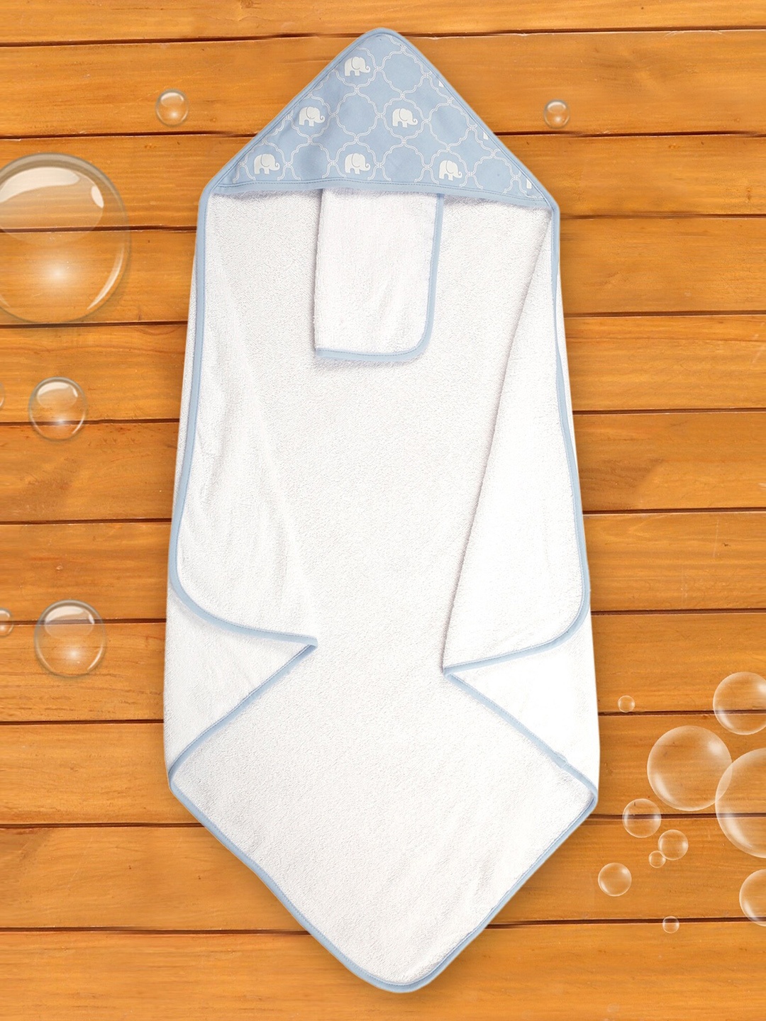 

Baby Moo Infants Blue & White Printed 210 GSM Pure Cotton Hooded Towel & Napkin