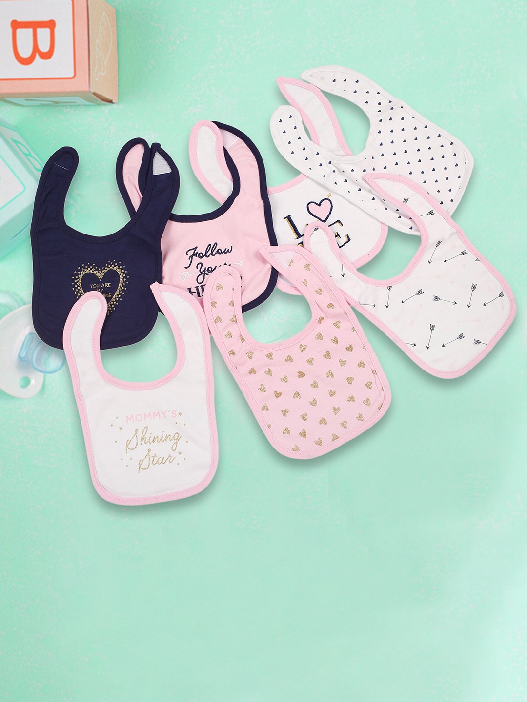

Baby Moo Infant Girls Pack Of 7 Pink & Navy Blue Printed Cotton Bibs