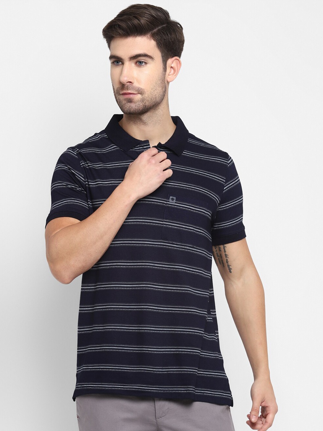 

Turtle Men Navy Blue Striped Polo Collar Slim Fit Cotton T-shirt