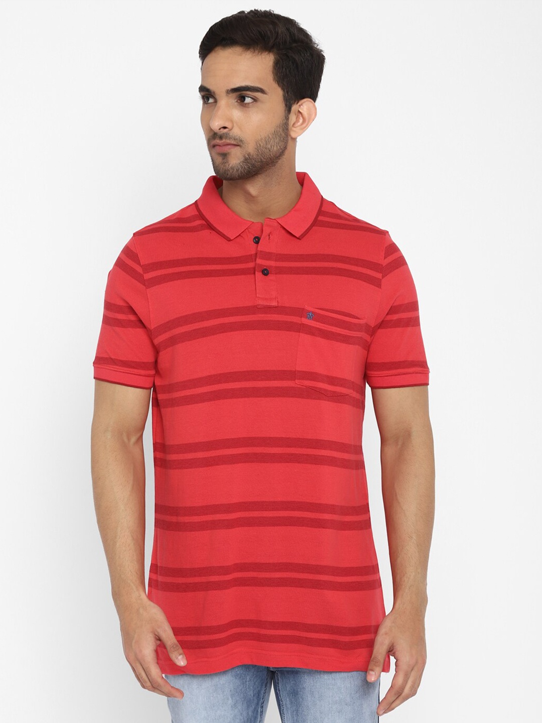 

Turtle Men Red Striped Polo Collar Slim Fit T-shirt