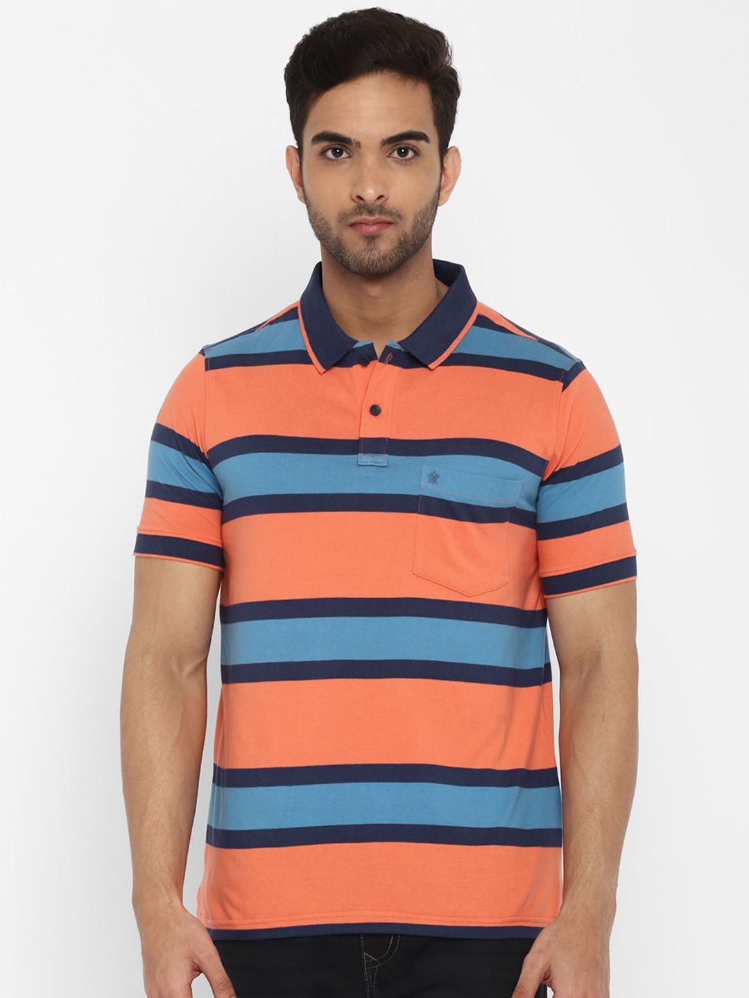 

Turtle Men Orange & Blue Striped Polo Collar Slim Fit Cotton T-shirt