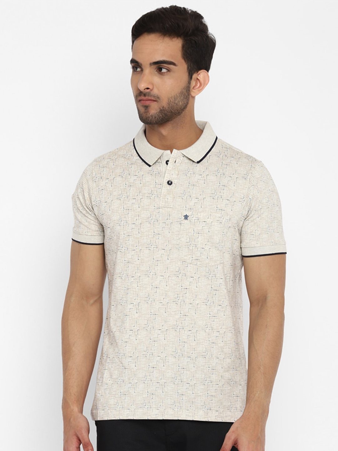 

Turtle Men Cream-Coloured Printed Polo Collar Slim Fit Cotton T-shirt
