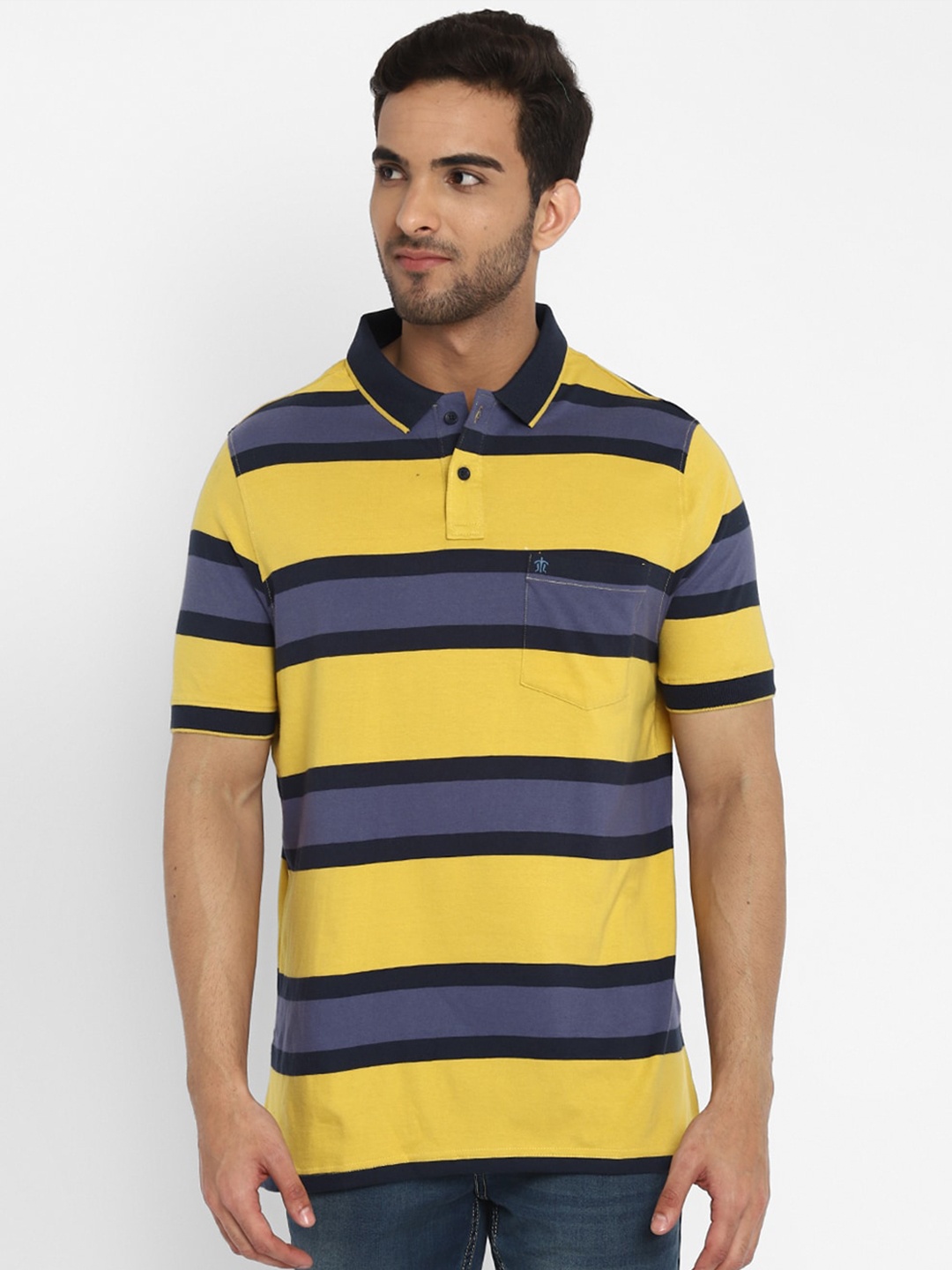 

Turtle Men Yellow Striped Polo Collar Pure Cotton Slim Fit T-shirt