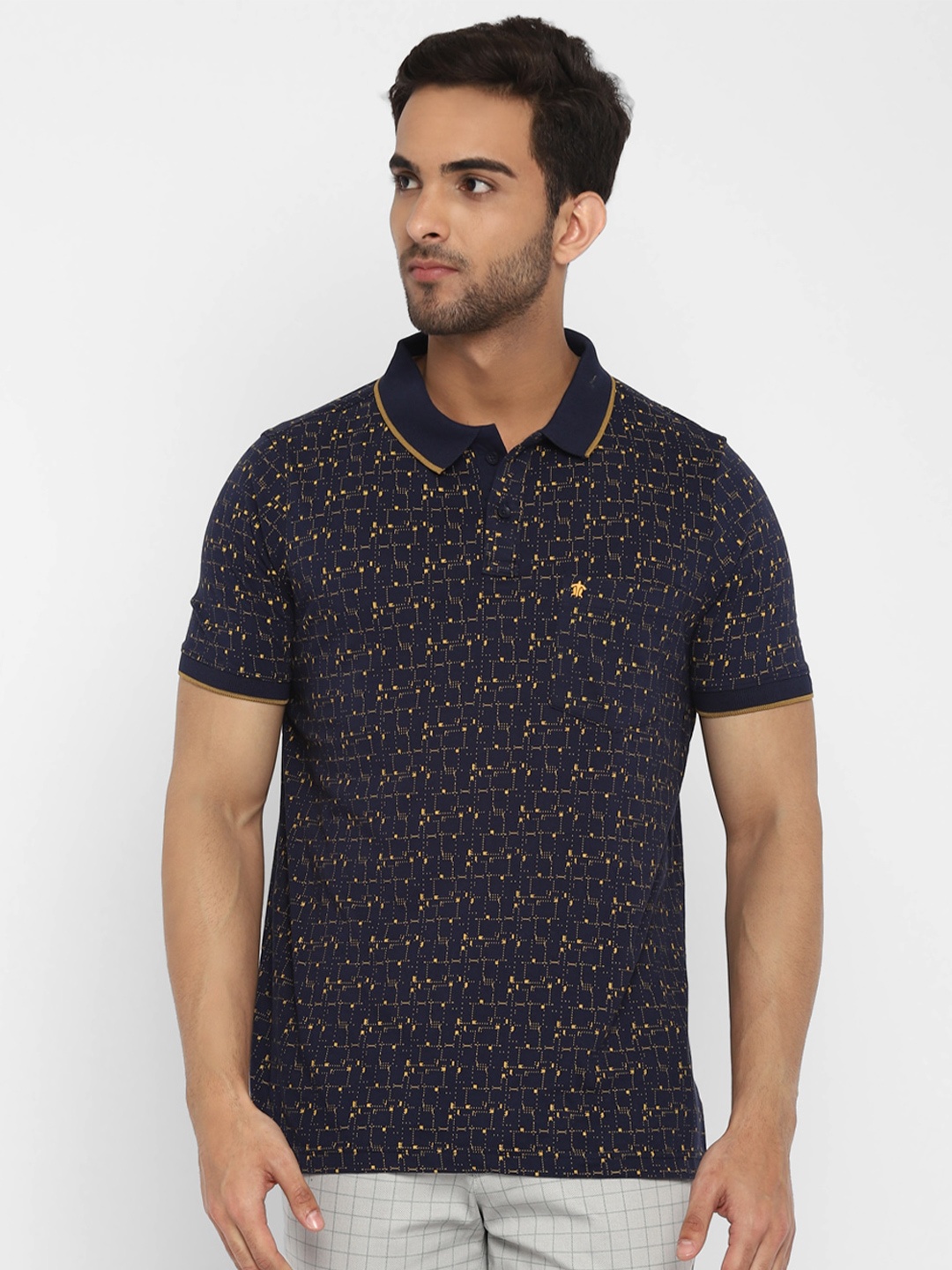

Turtle Men Navy Blue Printed Polo Collar Slim Fit Cotton T-shirt