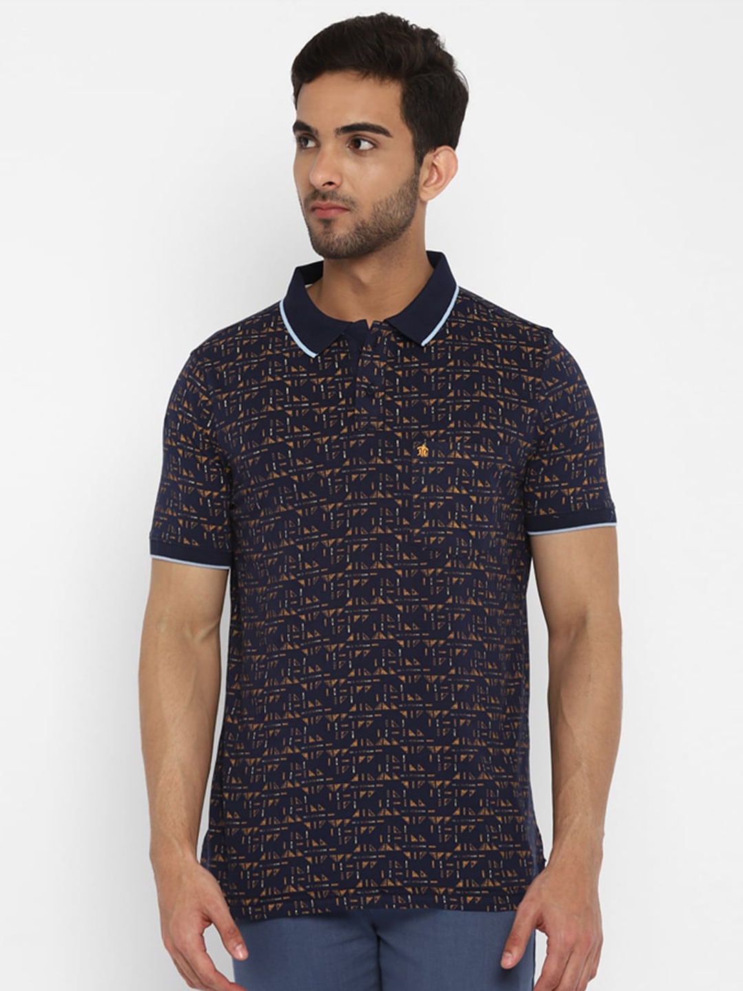 

Turtle Men Navy Blue Printed Polo Collar Slim Fit Cotton T-shirt