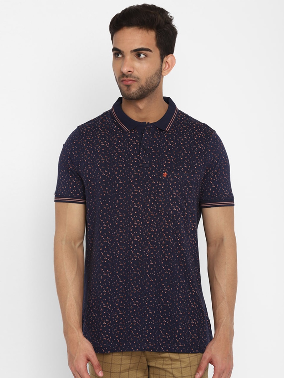 

Turtle Men Navy Blue Printed Polo Collar Slim Fit Cotton T-shirt