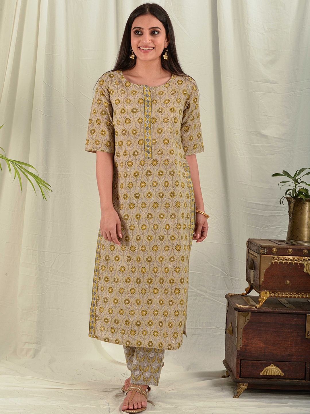 

House of Dhaaga Women Mustard Yellow Floral Printed Block Print Cotton Kurta