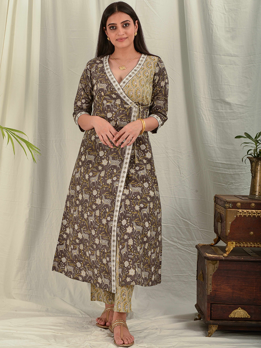 

House of Dhaaga Women Brown & Beige Ethnic Motifs Block Printed Cotton Angrakha Kurta