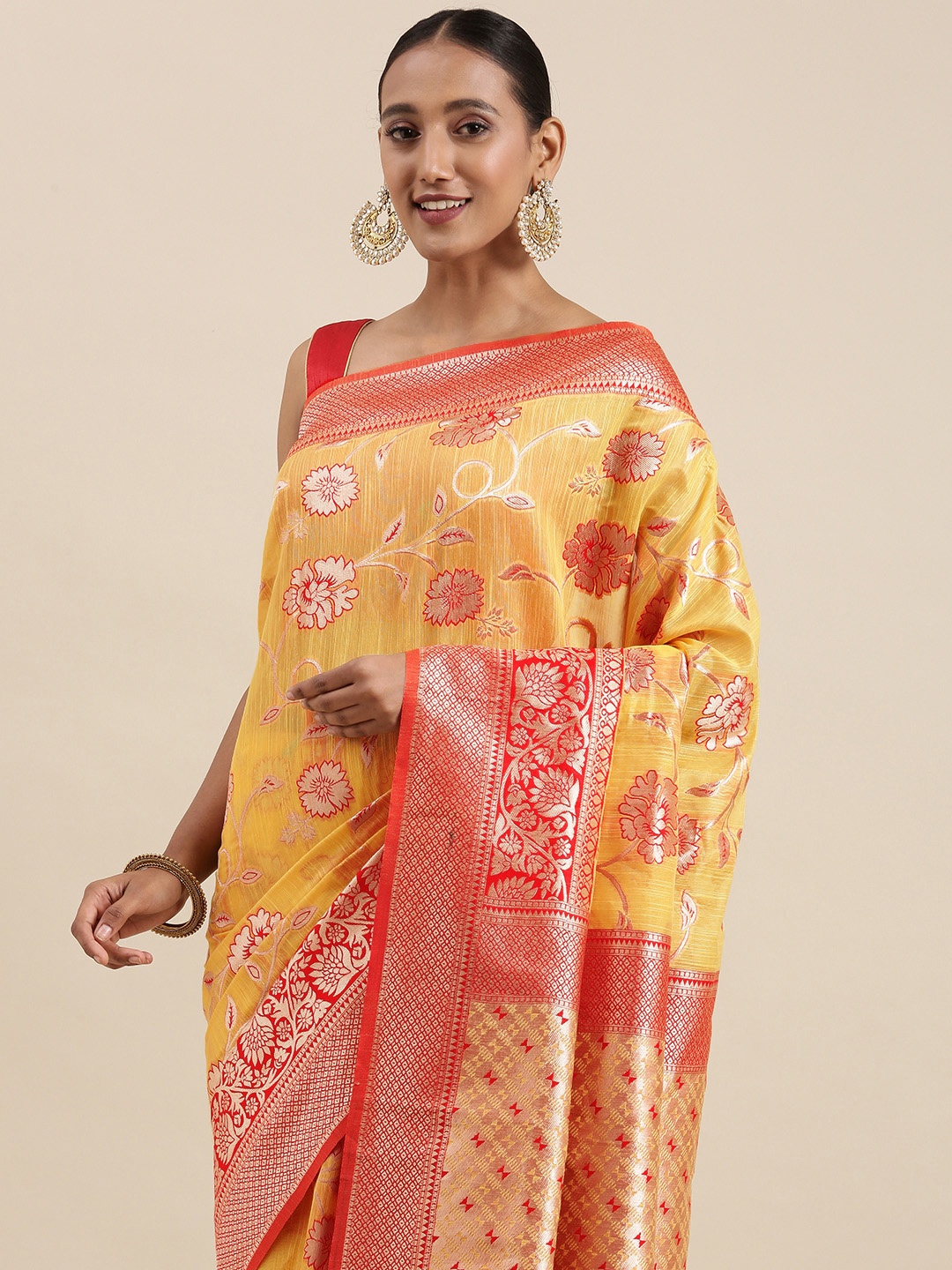 

Mitera Yellow & Pink Floral Silk Blend Banarasi Saree