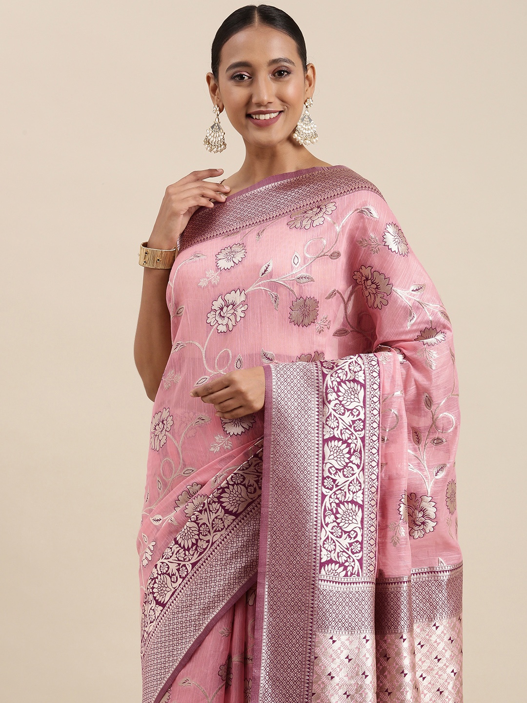 

Mitera Pink Floral Silk Blend Banarasi Saree