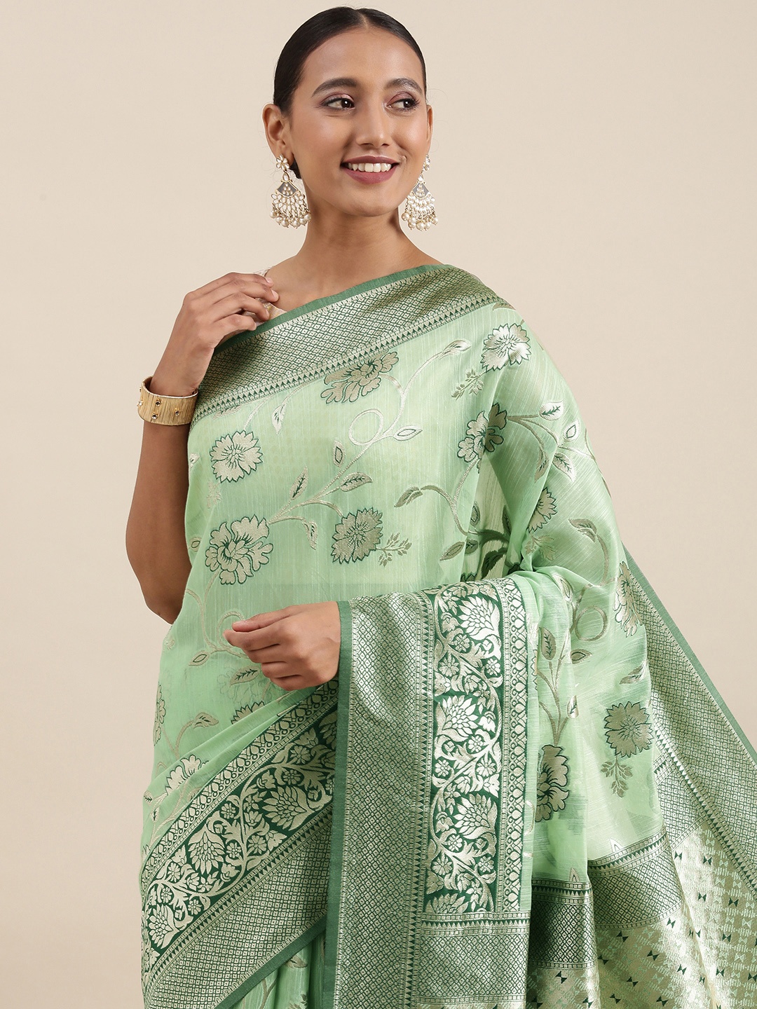 

Mitera Green Floral Silk Blend Banarasi Saree