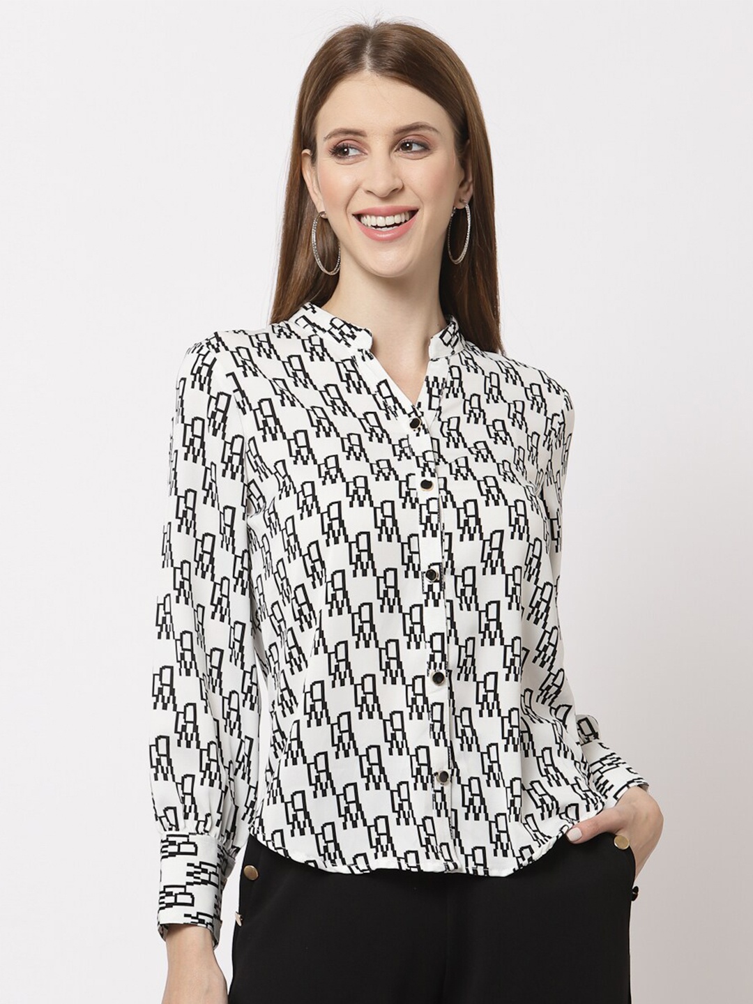 

Juelle Women White Geometric Printed Mandarin Collar Shirt Style Top