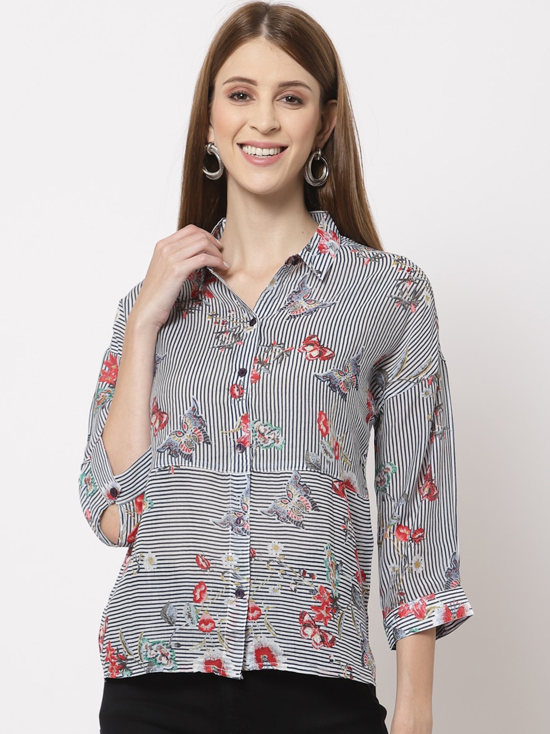 

Juelle Navy Blue Floral Print Shirt Style Top