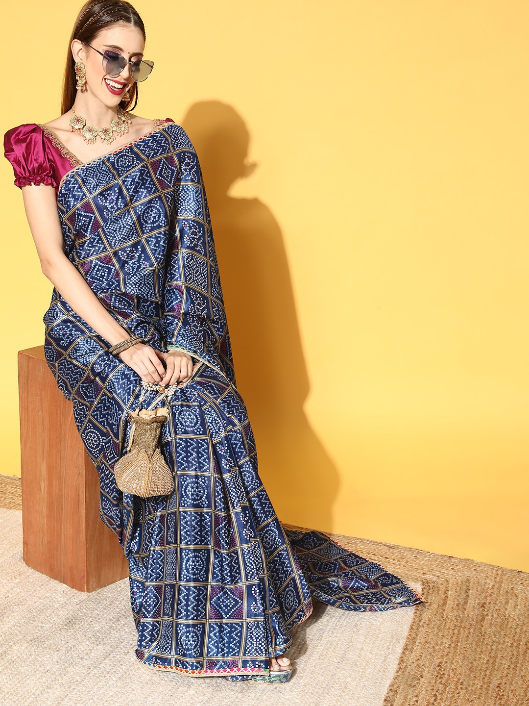 

Rang Gali Navy Blue & White Printed Gotta Patti Ready to Wear Bandhani Silk Saree