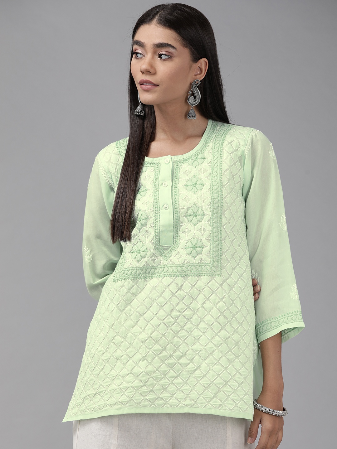 

ADA Green & White Ethnic Motifs Embroidered Chikankari Handloom Kurti