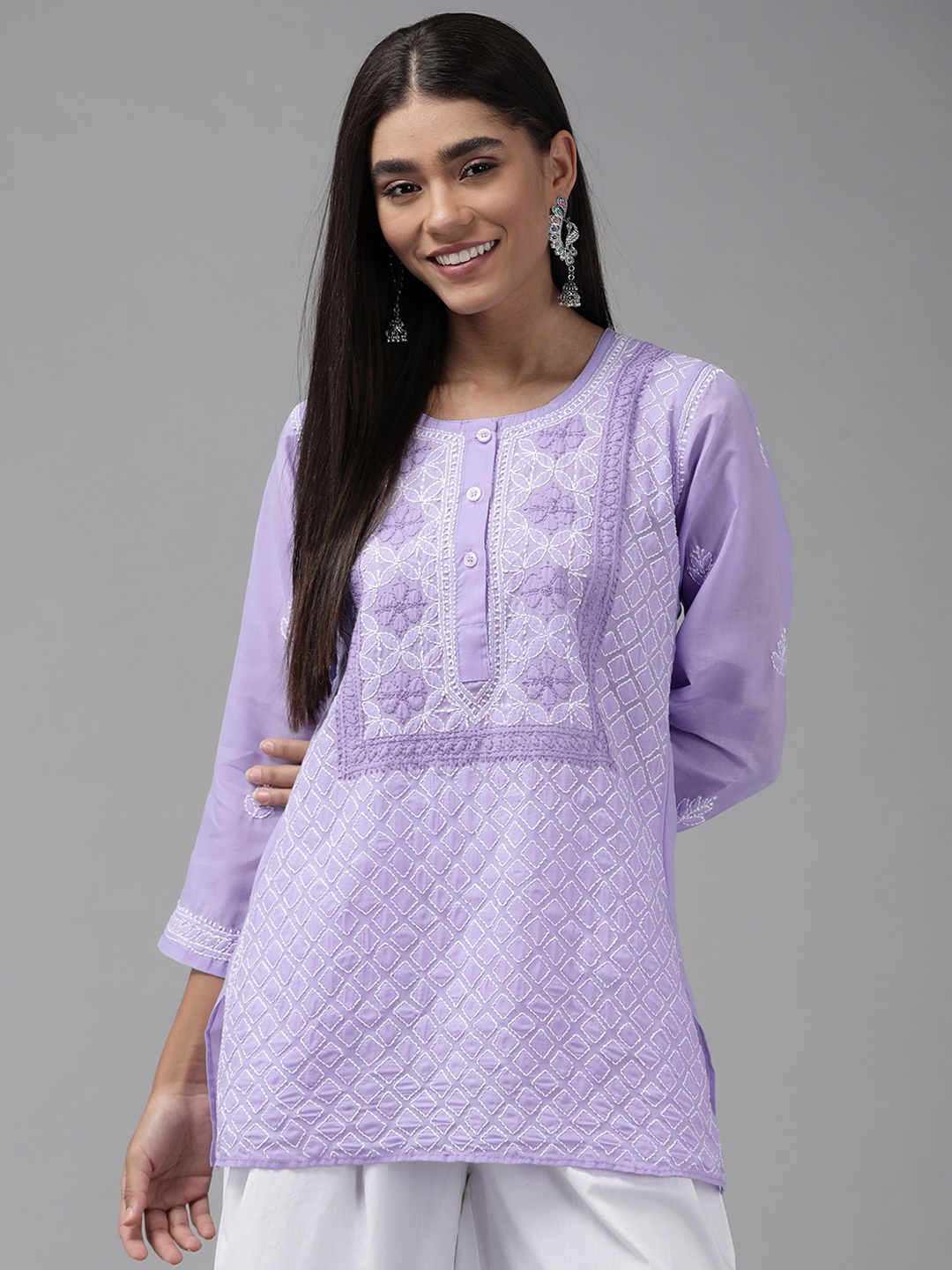 

ADA Lavender & White Ethnic Motifs Embroidered Chikankari Kurti